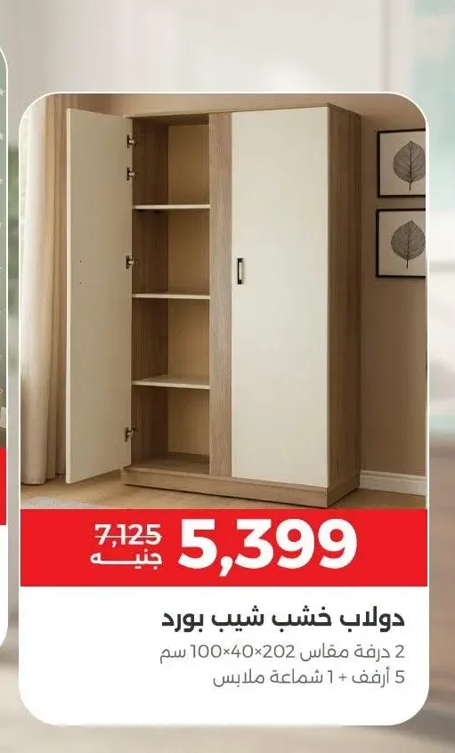 دولاب خشب شيب بورد 2 درفة مقاس 100×40×202 سم + 5 أرفف + 1 شماعة ملابس