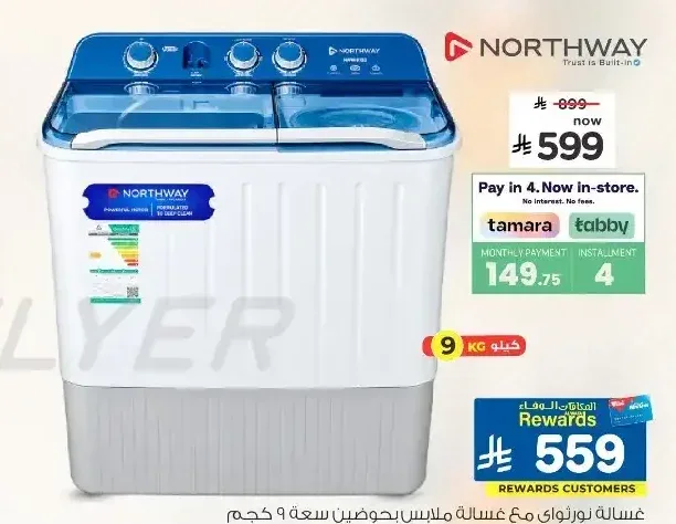 نورثواي غسالة ملابس بحوضين سعة 9 كجم NWM4020